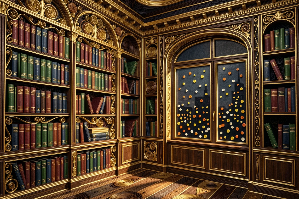 A sophisticated luxury scene of a grand library with floor-to-ceiling gilded shelves in a sophisticated penthouse suite, with soft city lights glowing in the background, composed with dramatic, moody lighting.