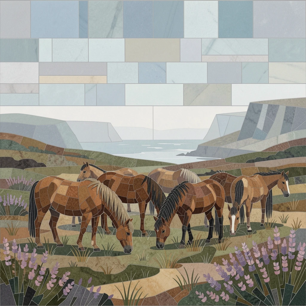 A peaceful herd of wild ponies grazing on a foggy coastal moor.