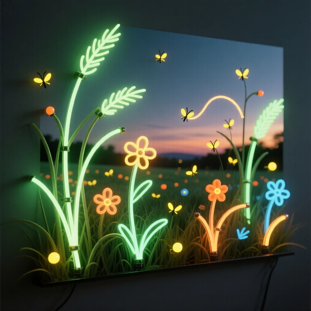 A summer meadow filled with fireflies at dusk.