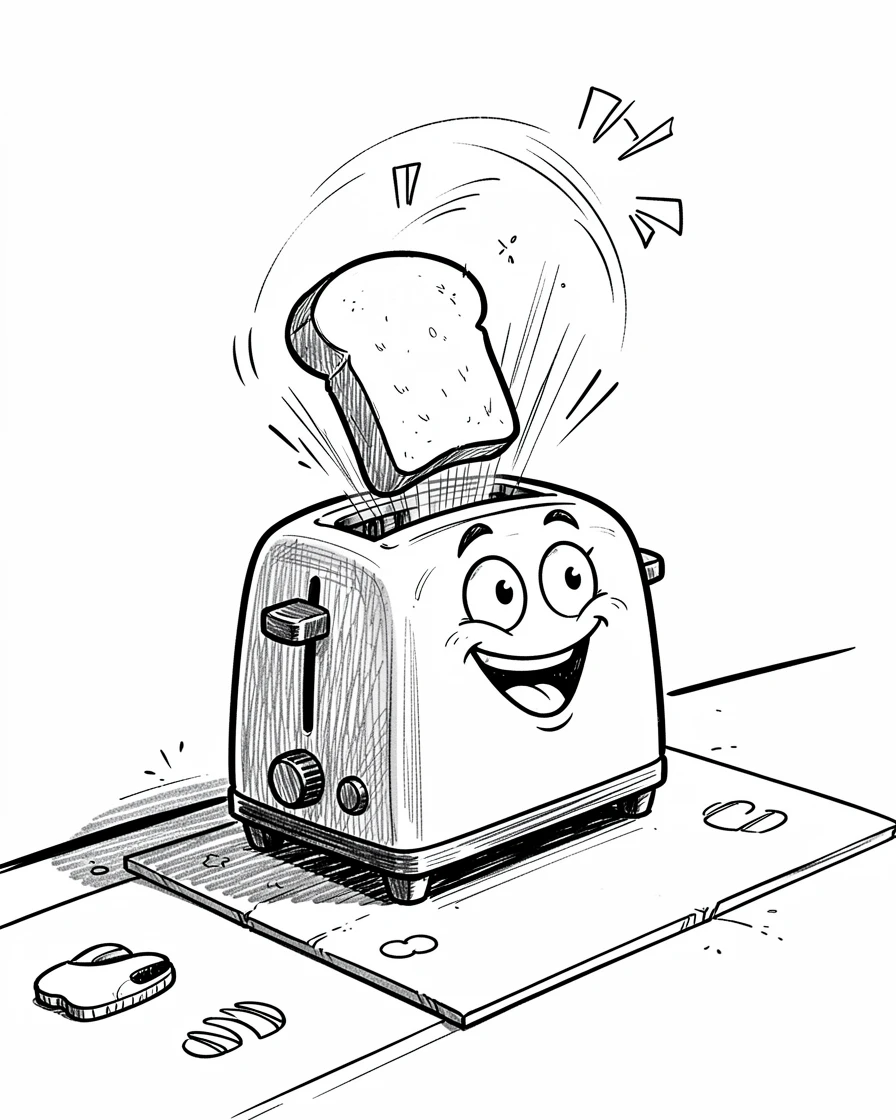 A toaster popping out toast triumphantly on a school morning doorstep.