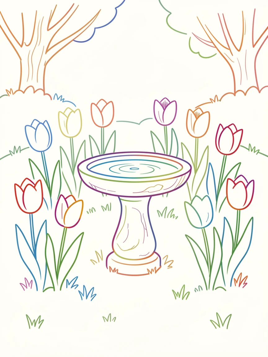 A quiet spring garden with a stone birdbath surrounded by blooming tulips.