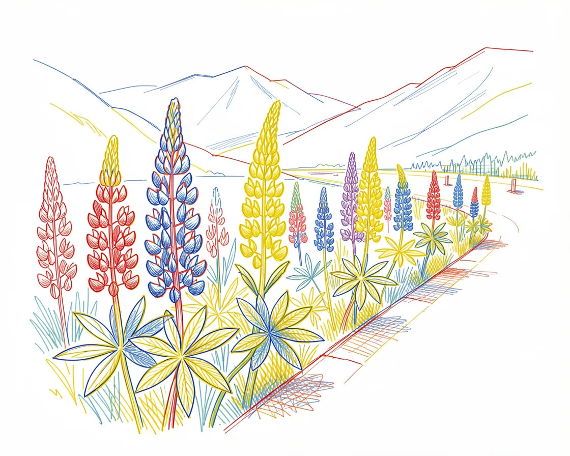 A field of wild lupines rising along a quiet mountain roadside