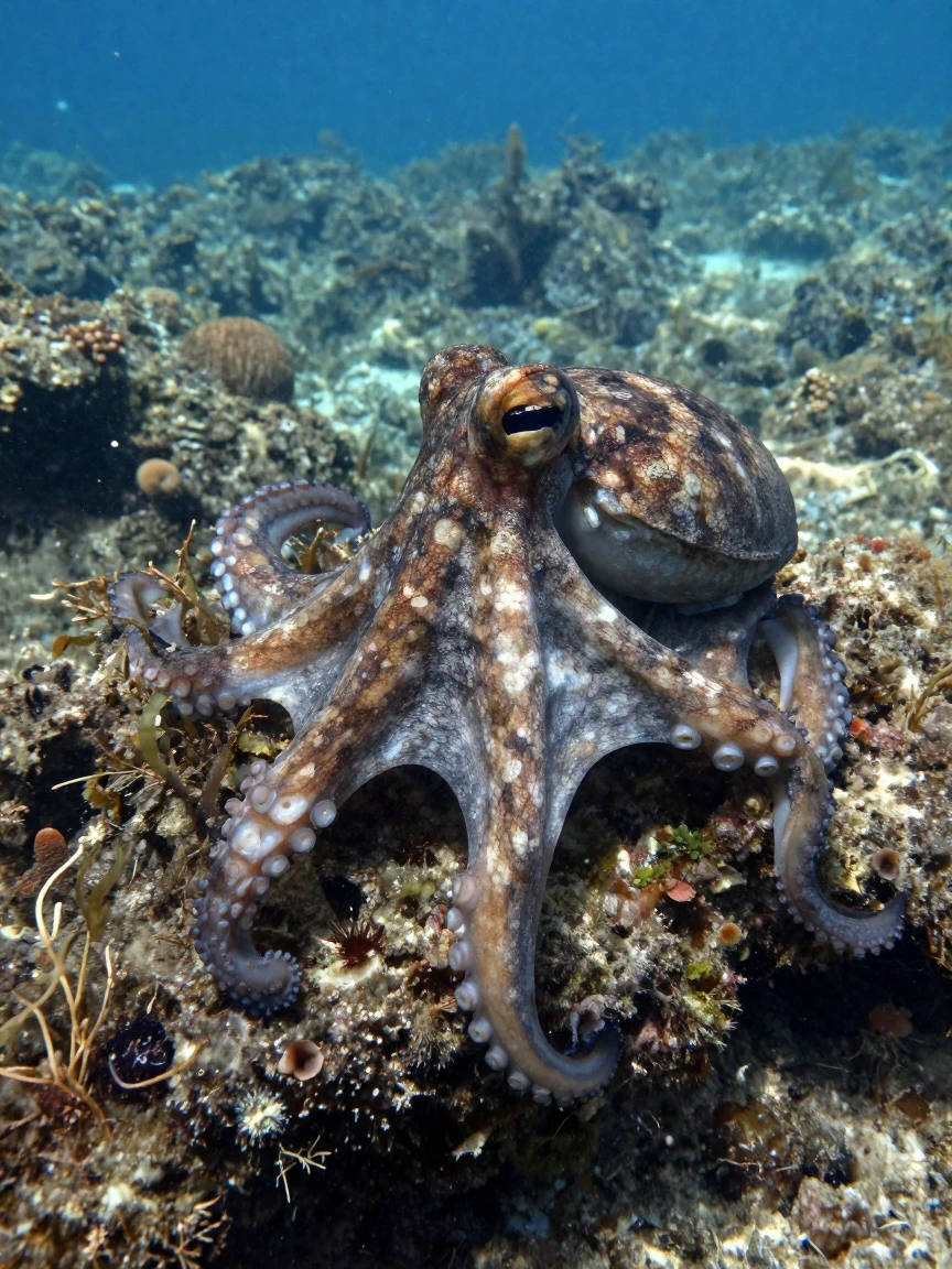 An octopus camouflaged against a rocky reef