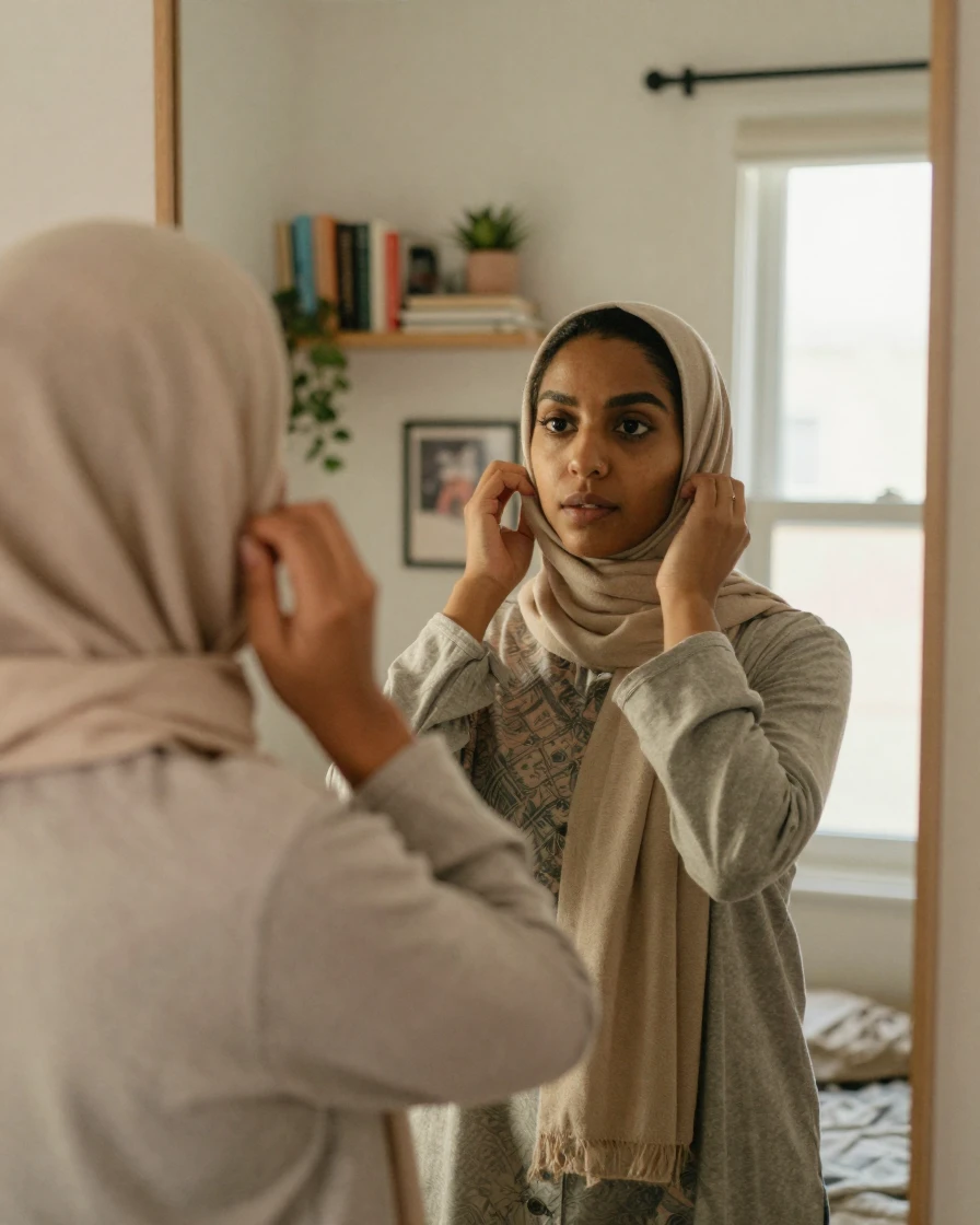 A woman adjusts her hijab in a mirror before heading out for the day.