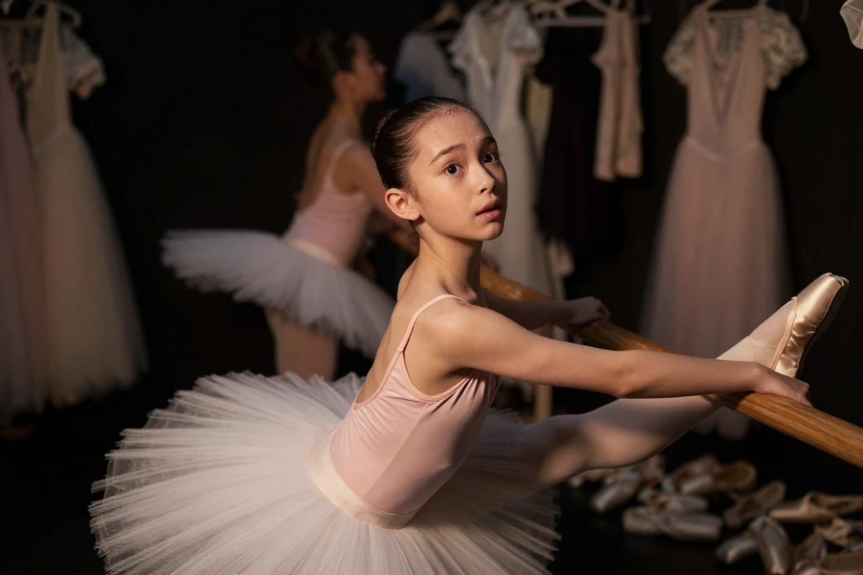 A young ballerina stretching backstage before her first solo performance, nerves and excitement on her face