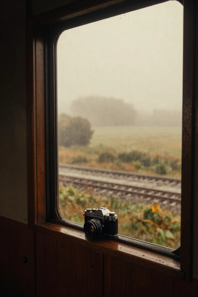 Rain streaking down the window of an old countryside train, in soft window light, in thick rolling fog, during the long days of summer, in warm honey and cream tones, framed through an open doorway.