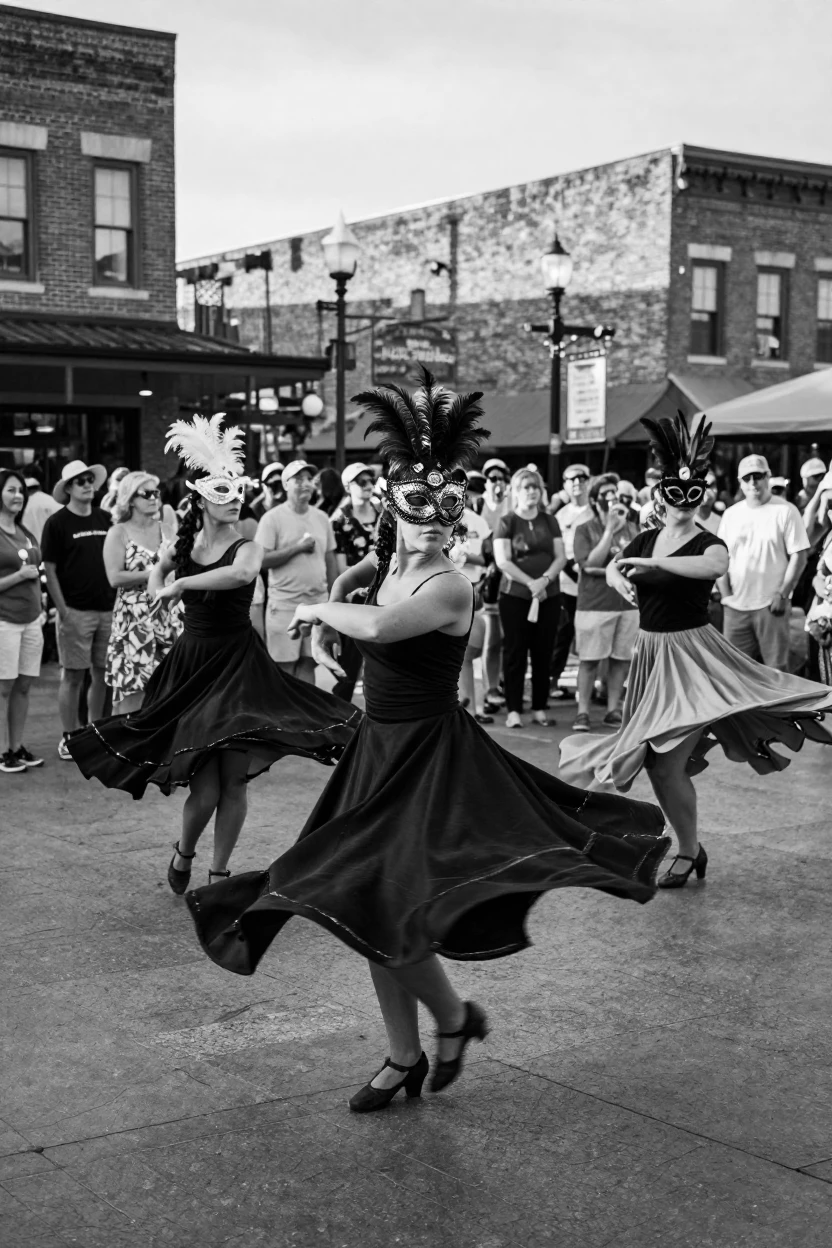 Dancers in elaborate masks twirl gracefully through the square in a crowded town square.