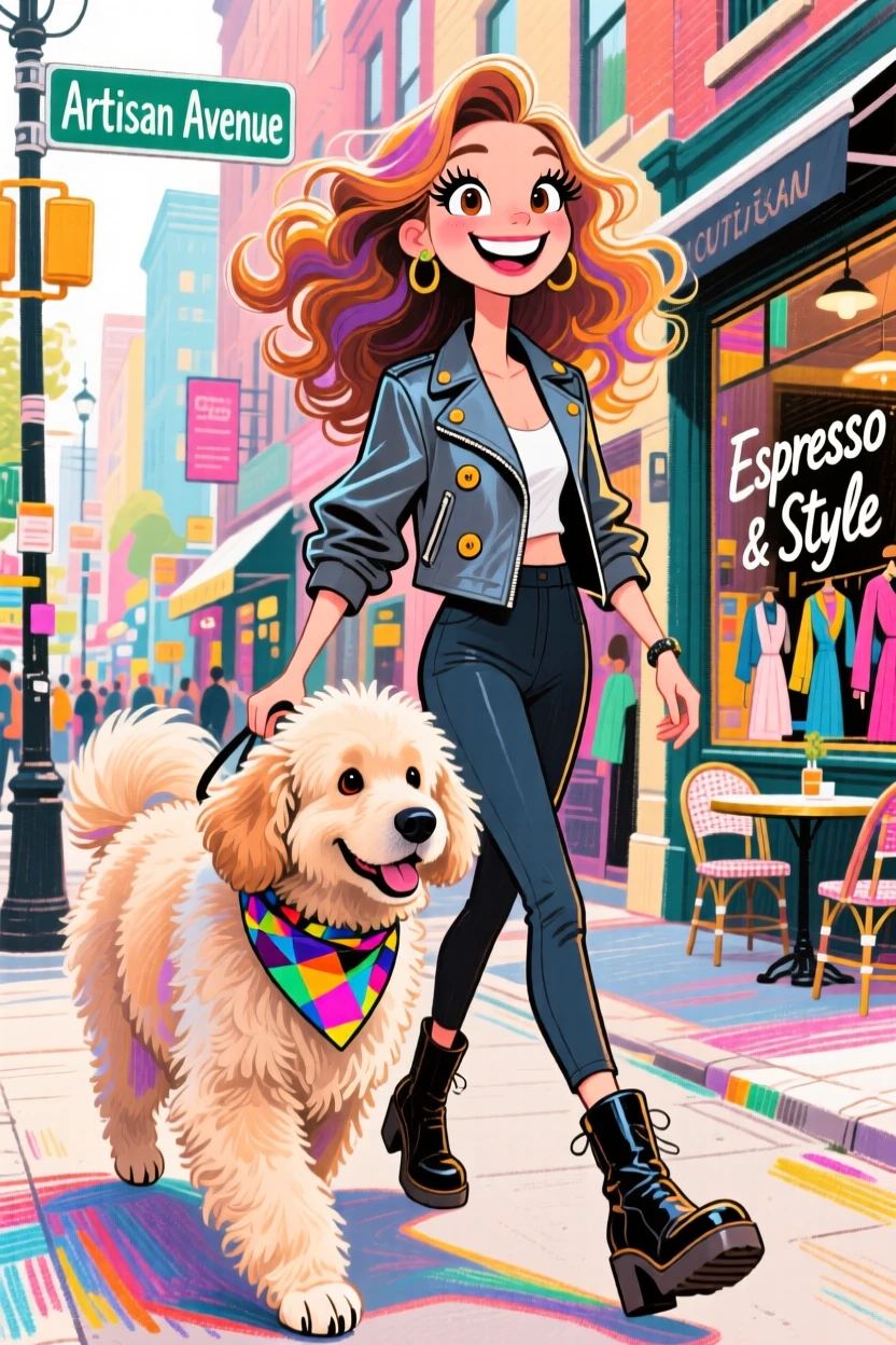 A woman walking a fluffy dog through a trendy city neighborhood, both looking stylish.
