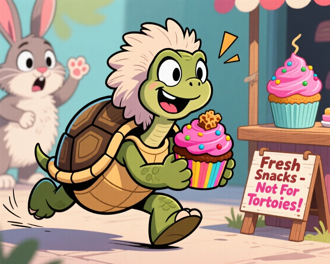 A charming animal moment featuring a determined tortoise sneaking away with a stolen snack triumphantly, with feathers or fur puffed out dramatically.
