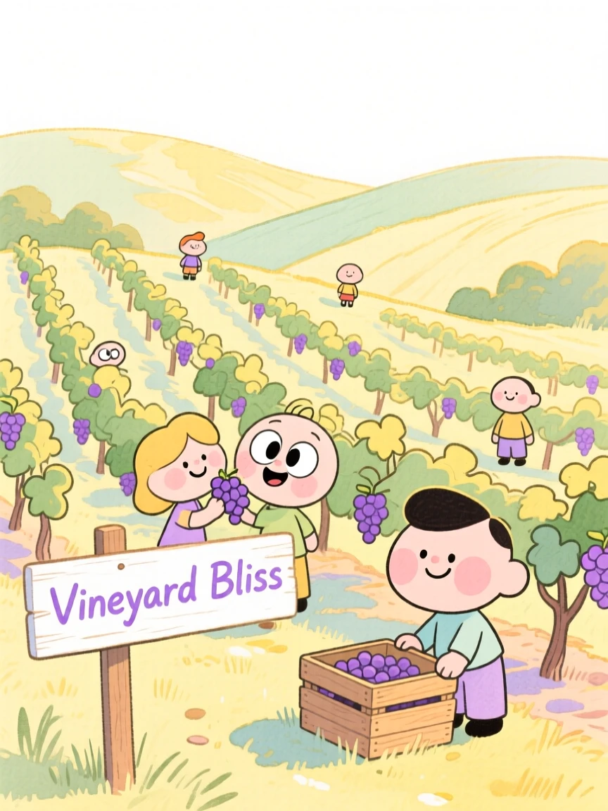 A serene landscape of a rolling vineyard bathed in warm light bathed in warm afternoon sun