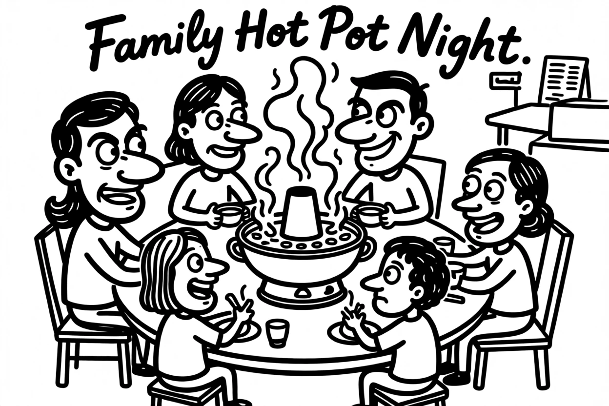 A family enjoying a traditional hot pot dinner, steam rising between them.