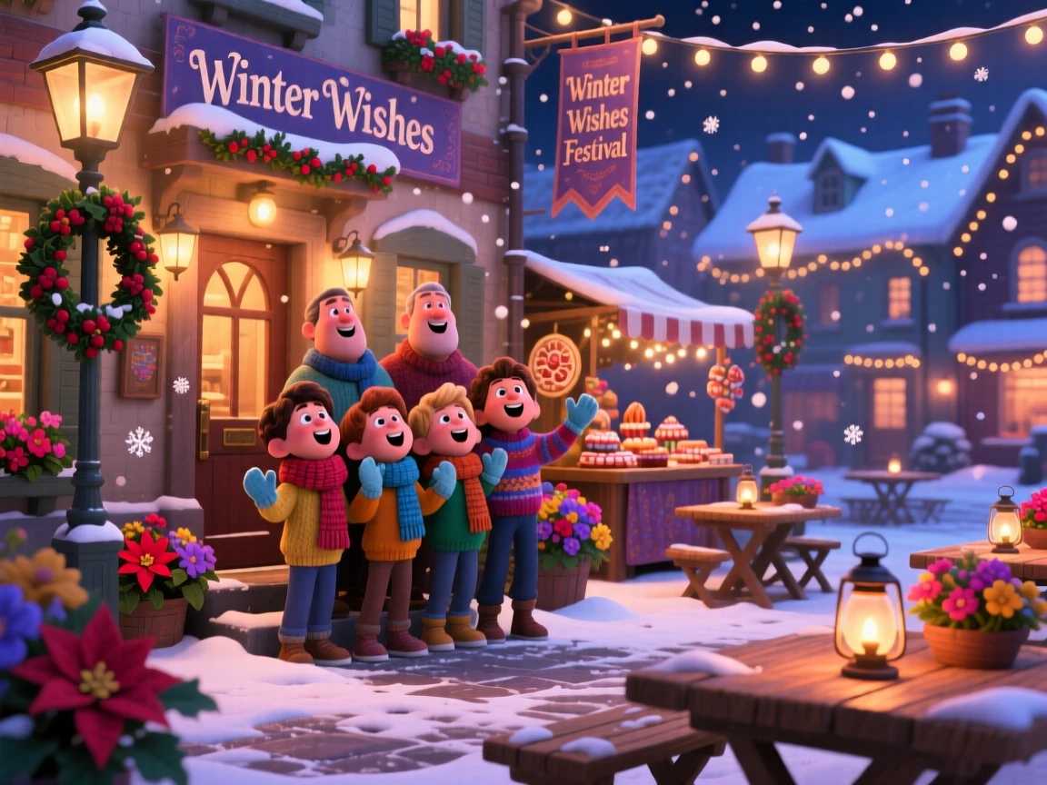 A group singing carols on a snowy doorstep happens in a town square decorated for a festival, with fresh flowers decorating every table. A bright, merry energy fills the entire scene.