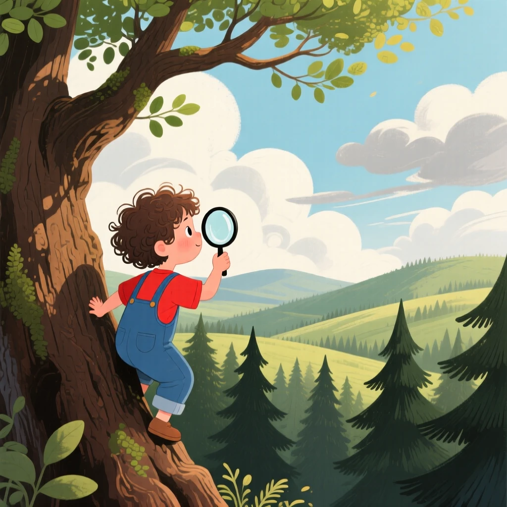 A child with a magnifying glass pauses while climbing an old oak tree to look at the view in a dense pine forest, as clouds cast slow shadows across the hills.