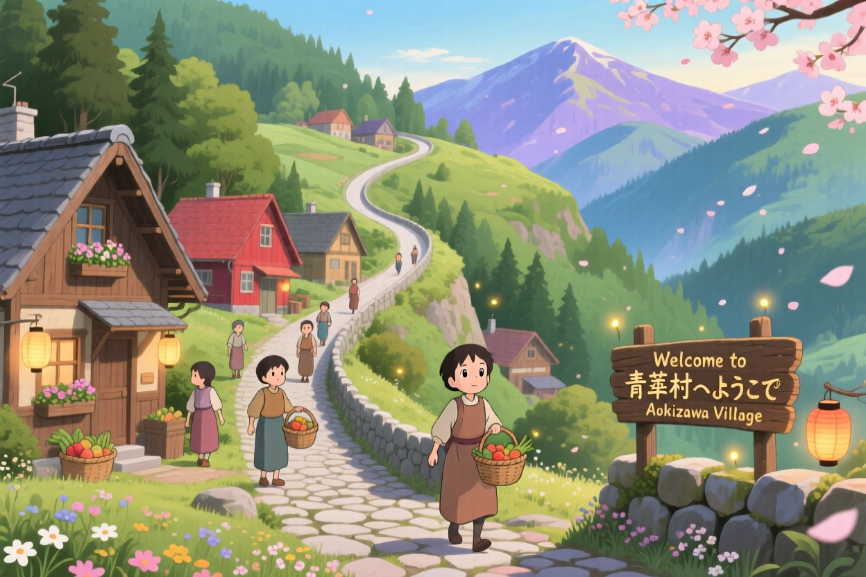 A scenic view of a mountain village reached only by a winding switchback road, as locals stroll along winding cobblestone lanes.
