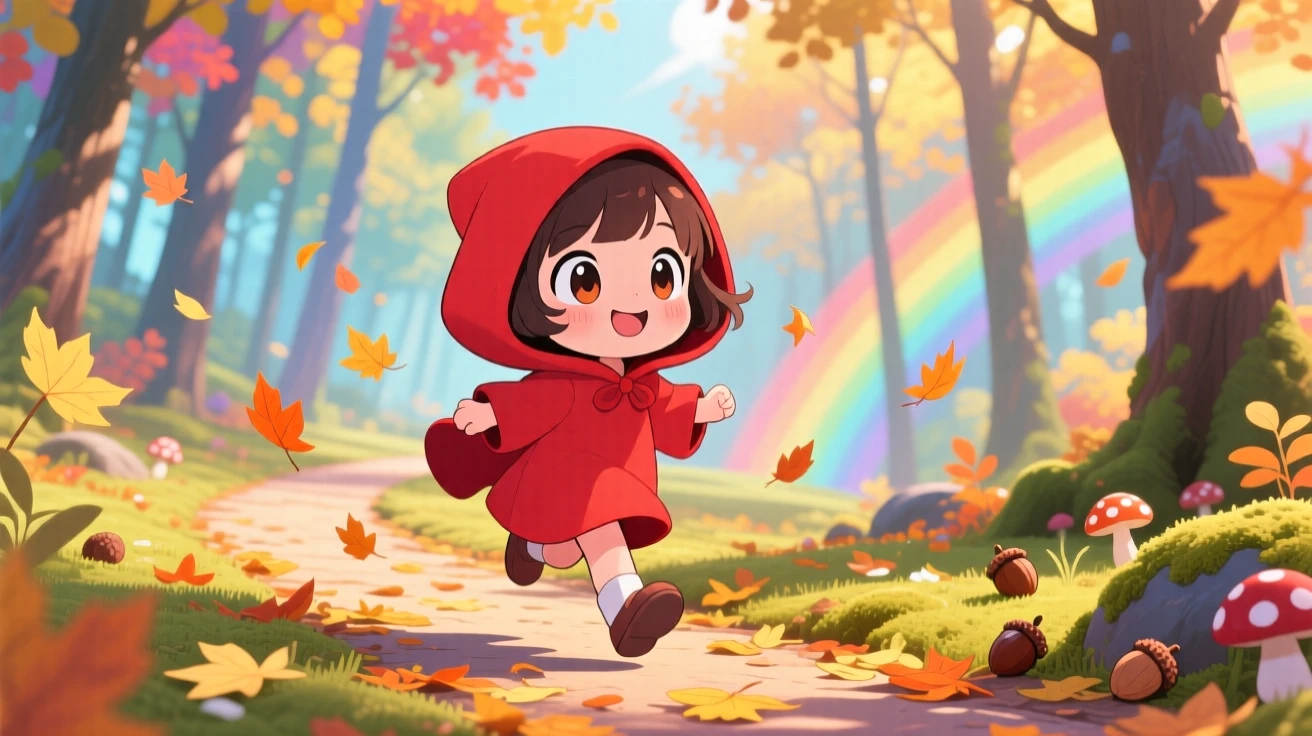 In a storybook woodland, a small girl in a red hooded cloak is skipping through a sunlit forest path with autumn leaves swirling around, bathed in bright rainbow-tinted light, expression full of warm affection. Shot as a three-quarter view.