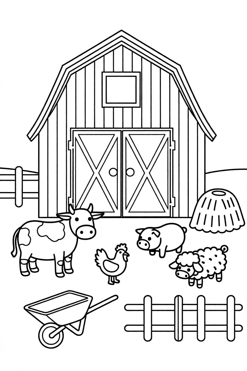 A toy farm set with tiny animals and a red barn