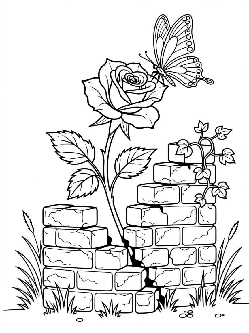 A rose growing through a crack in an old brick wall, with a butterfly resting on one of the petals.