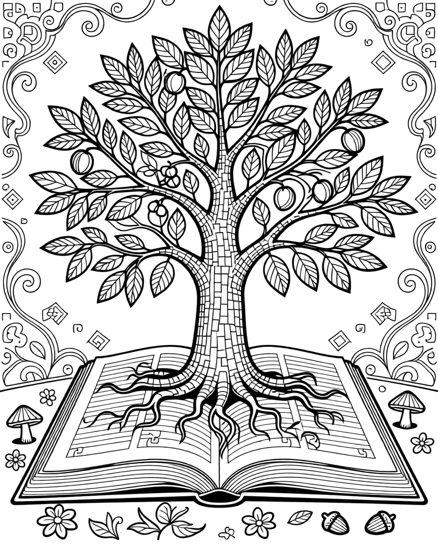 A single tree growing from the pages of an open book.