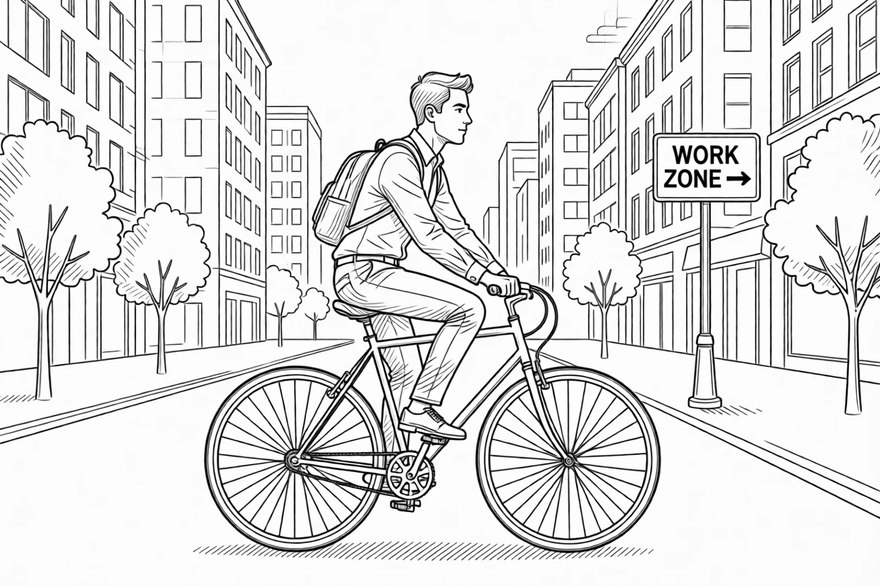 A commuter riding a bicycle to work through city streets