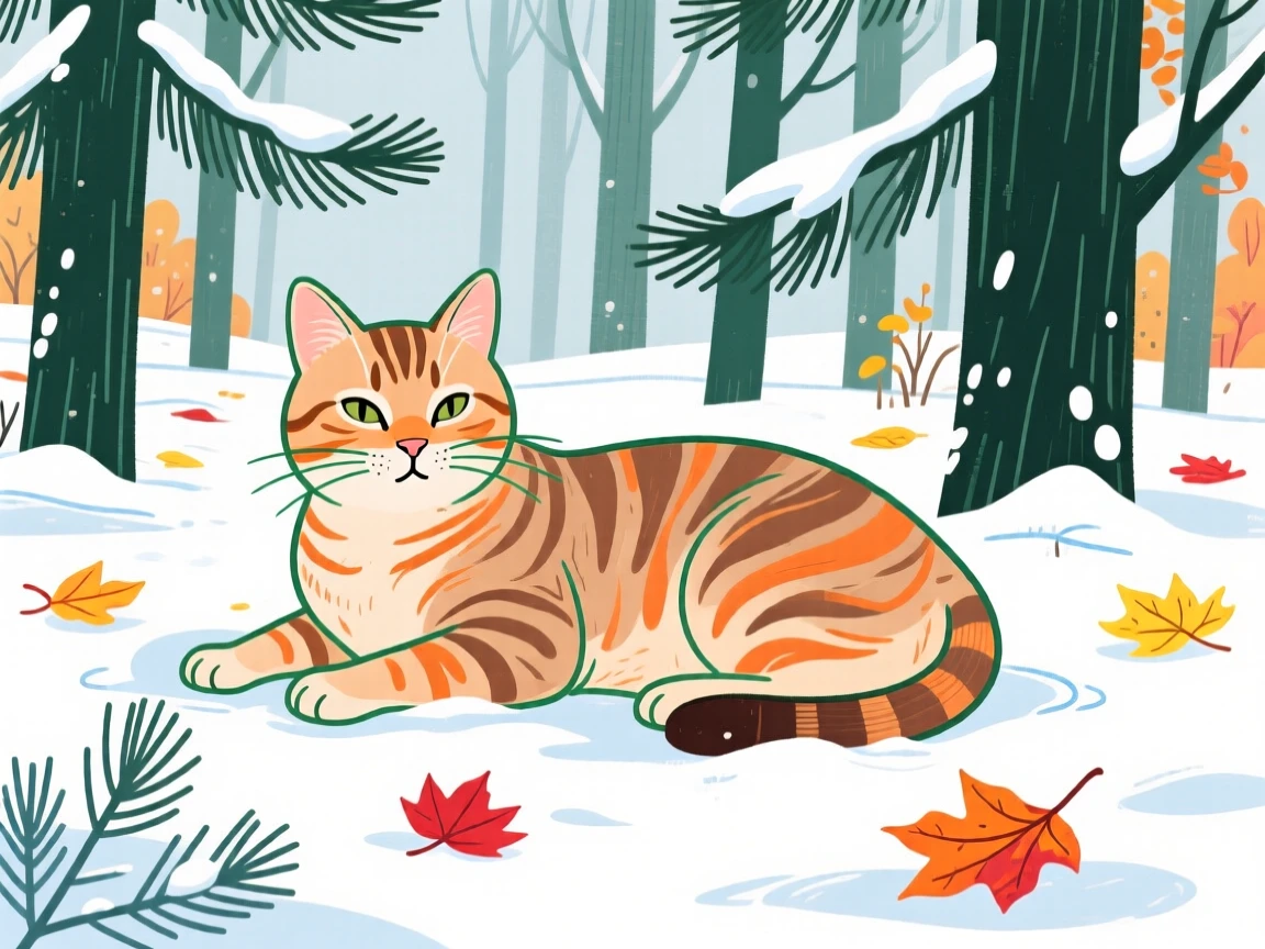 A tabby cat resting in a snowy pine forest on a crisp autumn day.