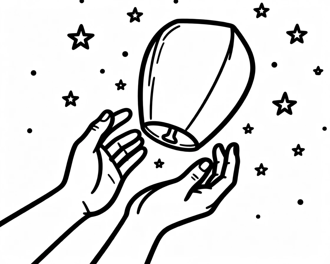 A pair of hands releasing a paper lantern into a starry night sky.