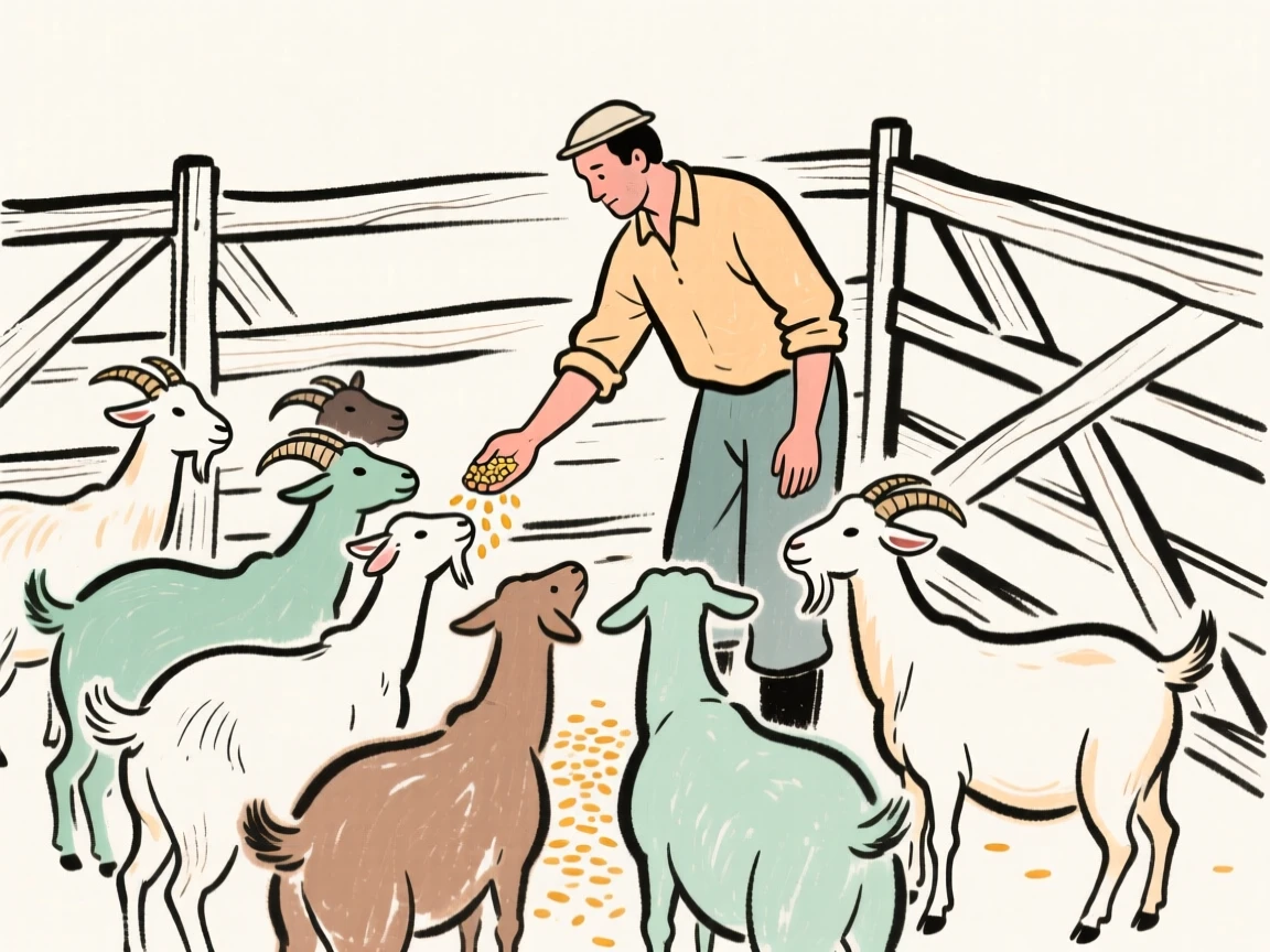 A farmer feeding a group of curious goats inside a wooden pen.