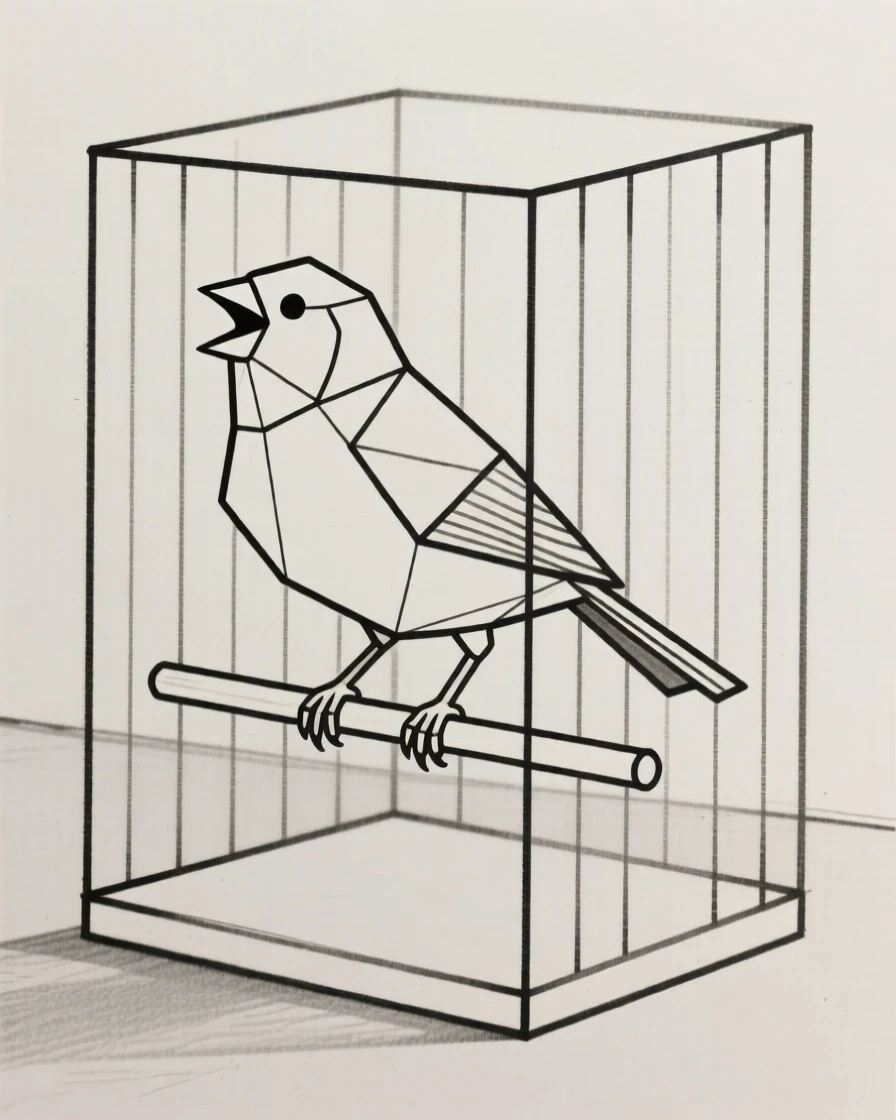 A canary singing on its perch in a cage