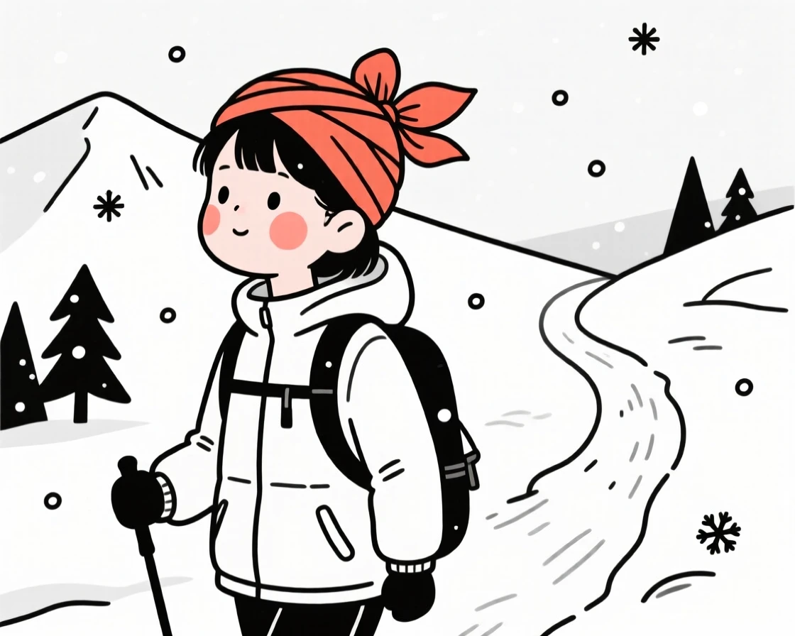 A college student of Chinese heritage wearing a Nigerian gele headwrap, full of curious wonder, on a snowy mountain trail.