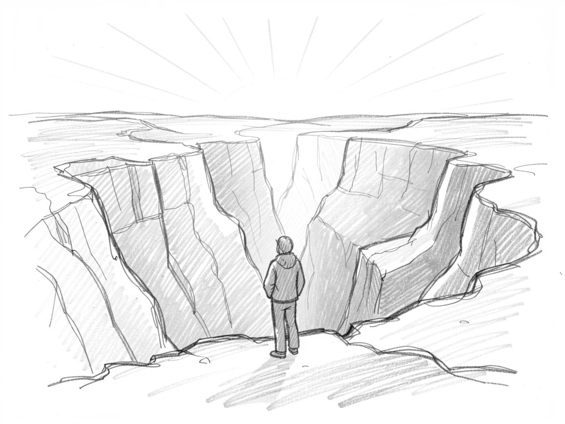 A peaceful moment of a person standing at the edge of a vast canyon at sunrise in a moment of total tranquility, capturing a moment of pure stillness.