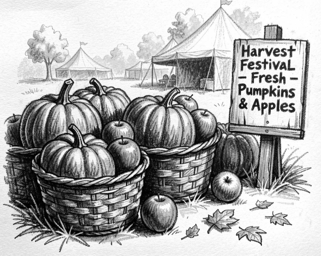 A harvest festival with baskets of pumpkins and apples, on a quiet, peaceful afternoon.