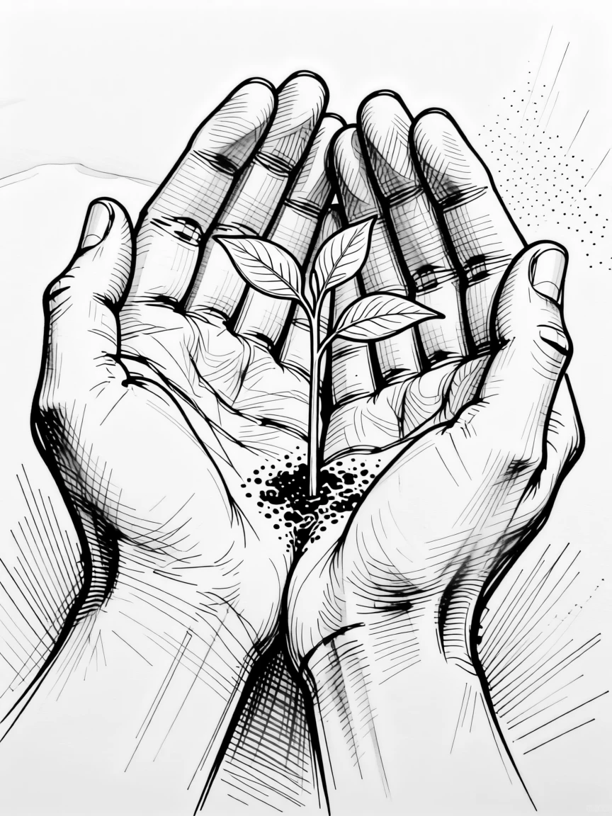 A pair of hands cupped gently around a small sprouting seedling.