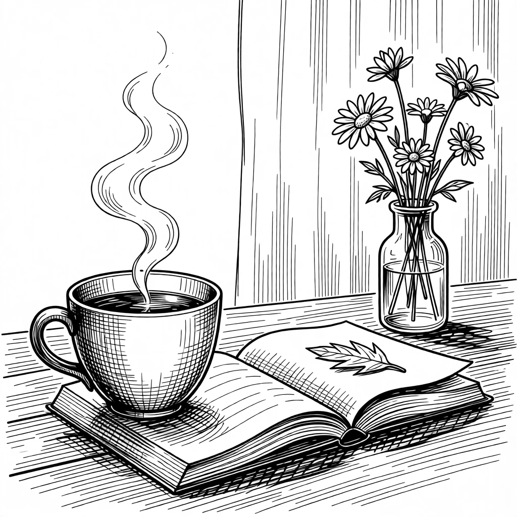 A steaming cup of tea beside an open journal as morning light filters through gauzy curtains, with a small vase of fresh flowers nearby, evoking a simply content sense of calm.