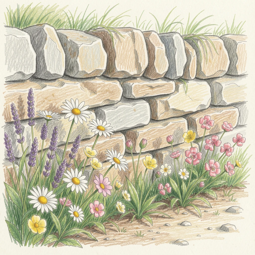 A countryside stone wall lined with blooming wildflowers, with soft, natural light bringing warmth to every detail, designed to feel inviting, memorable, and shareable.