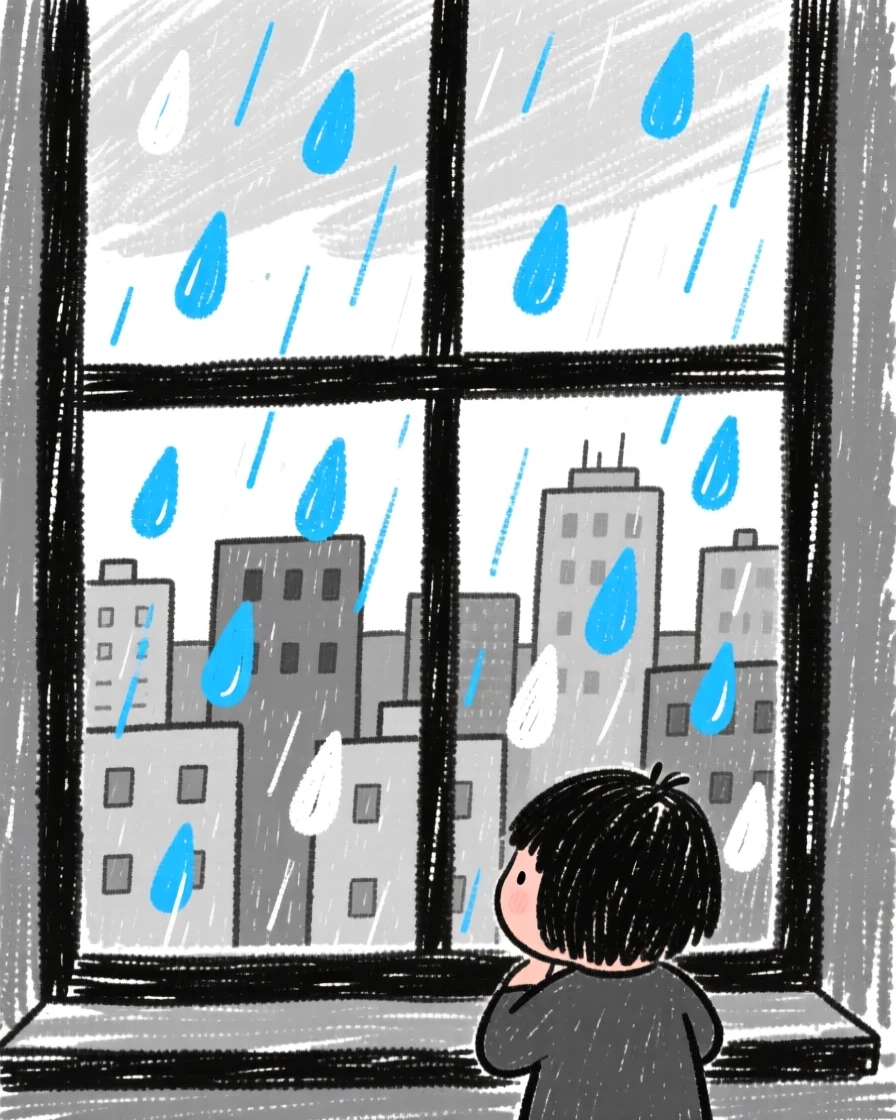 Raindrops running down a windowpane overlooking a grey city.