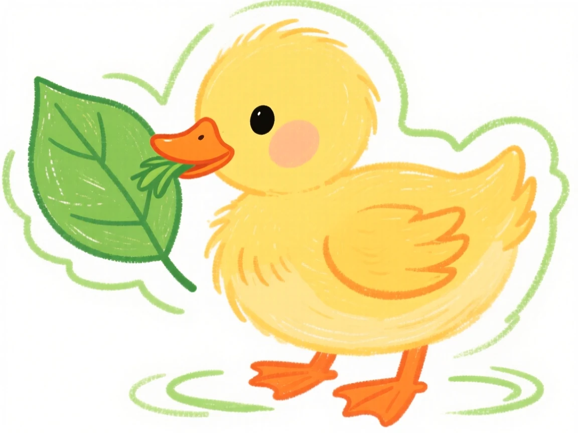 A fluffy duckling nibbling on a fresh green leaf.