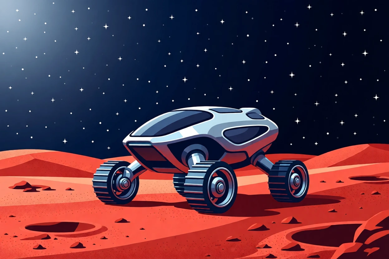 A futuristic space rover exploring a red dusty planet surface, set against a backdrop of starry outer space, arranged with balanced negative space around the subject, with sleek metallic textures catching soft light.
