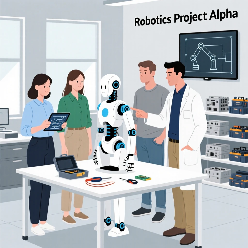 A research team collaborating on a project in a modern robotics workshop.