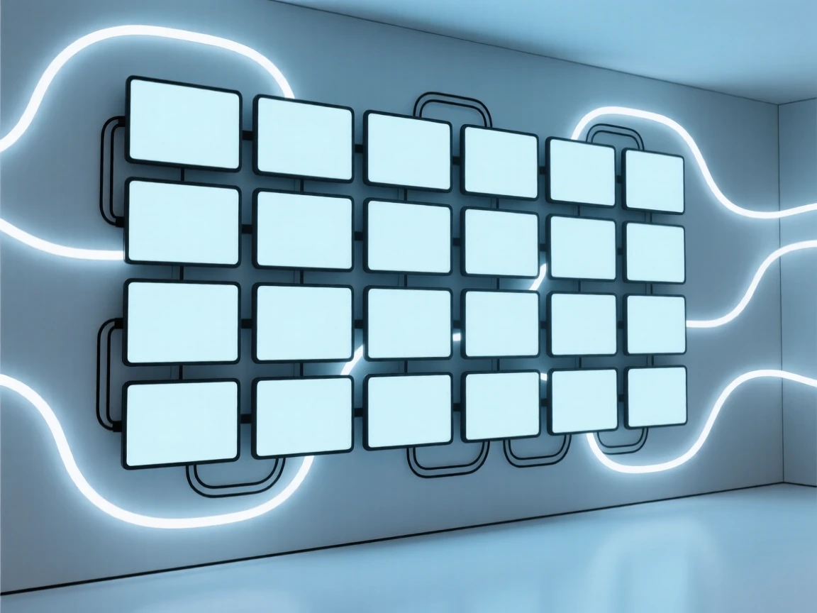 A sleek wall of interconnected screens placed in a quiet data center, surrounded by a network of glowing wires, conveying futuristic optimism.