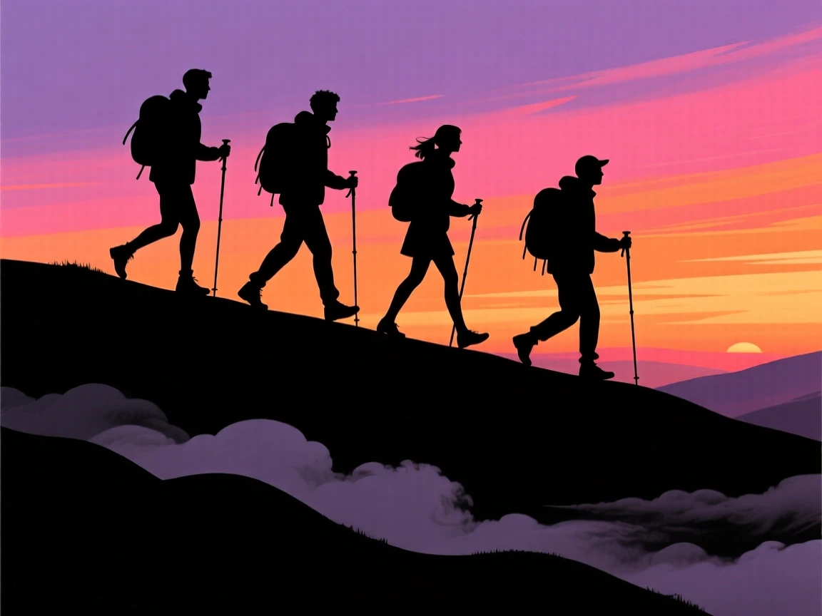 A group of friends hiking a ridge trail as clouds roll through the valley below.