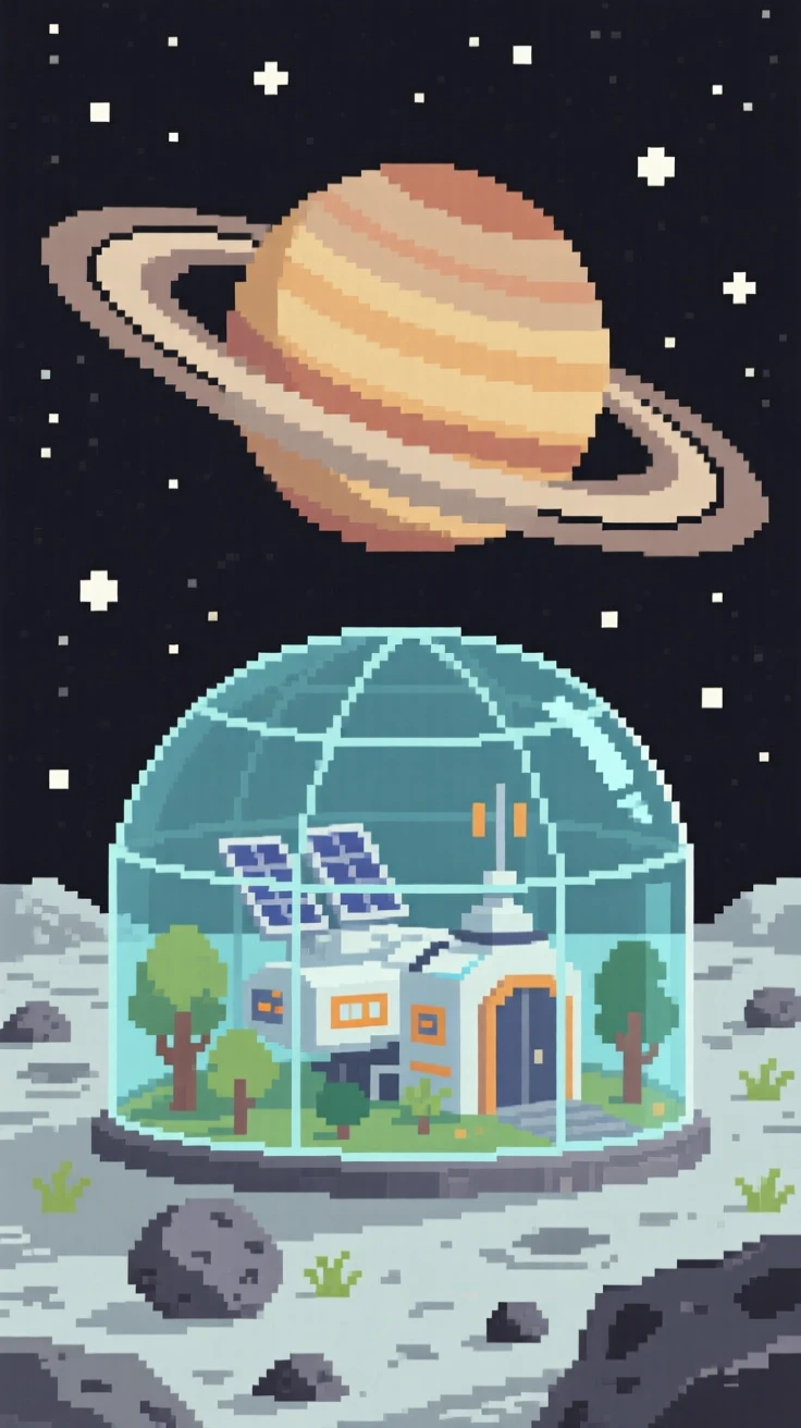A space station orbiting a ringed planet floating peacefully among a field of asteroids, within a greenhouse dome on the moon.