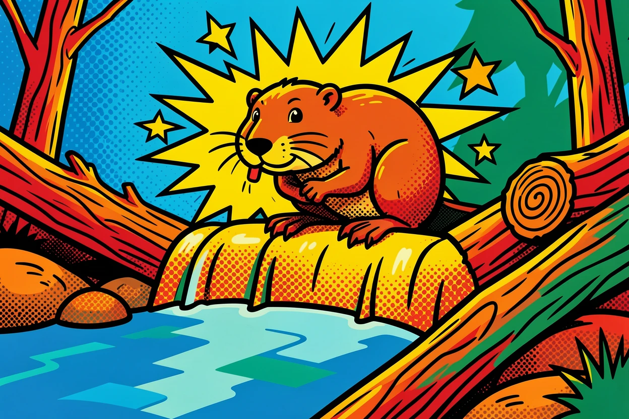 A beaver building a dam across a quiet forest stream
