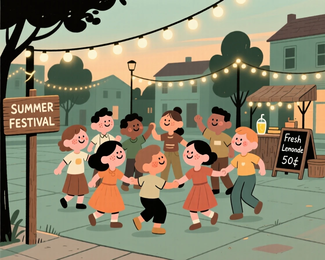 A community gathers in the town square for a summer festival, dancing together beneath strings of fairy lights as evening falls.