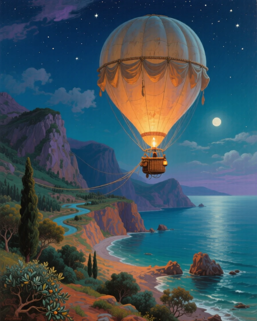 A sweeping wide shot of a hot air balloon expedition drifting over an uncharted valley, along the Turkish coast, under the night sky.