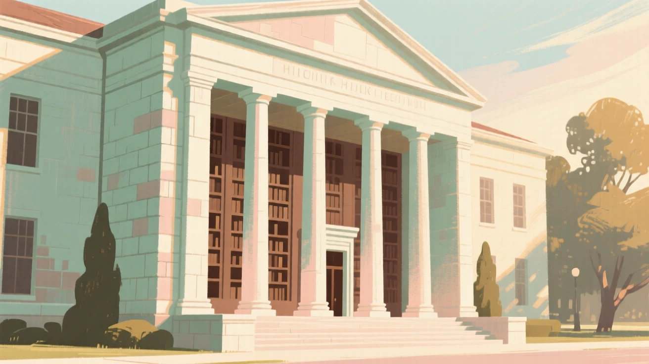 A grand old library building with towering stone columns