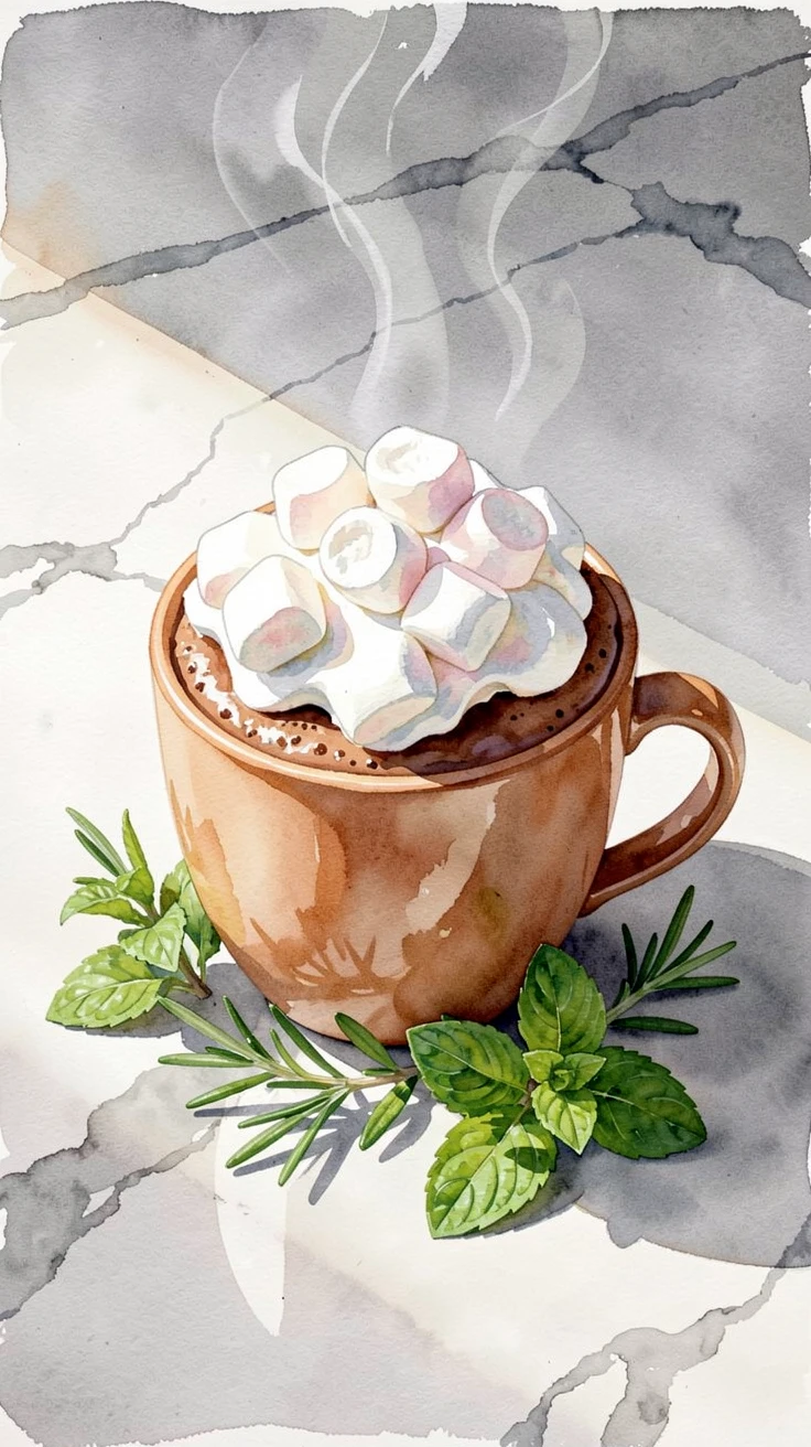 A cup of hot chocolate topped with whipped cream and marshmallows on a marble countertop garnished with fresh herbs.