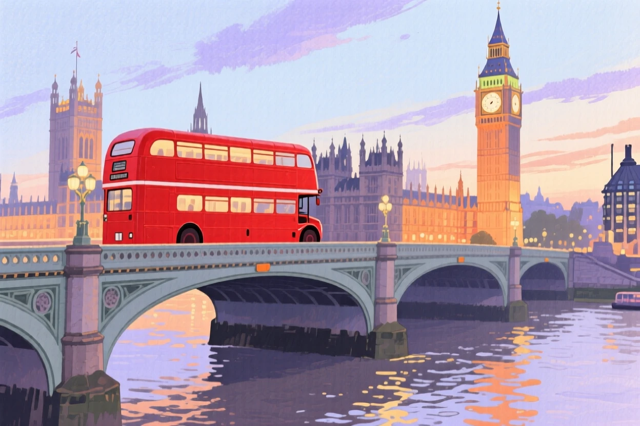 A red double-decker bus crosses a bridge in London with Big Ben and Parliament glowing in the evening light