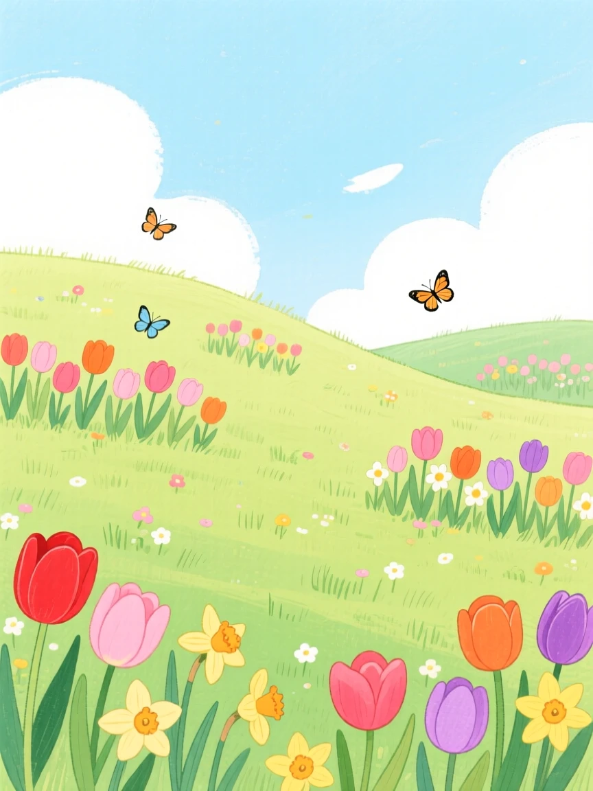 A festive scene of a spring meadow bursting with blooming tulips and daffodils.