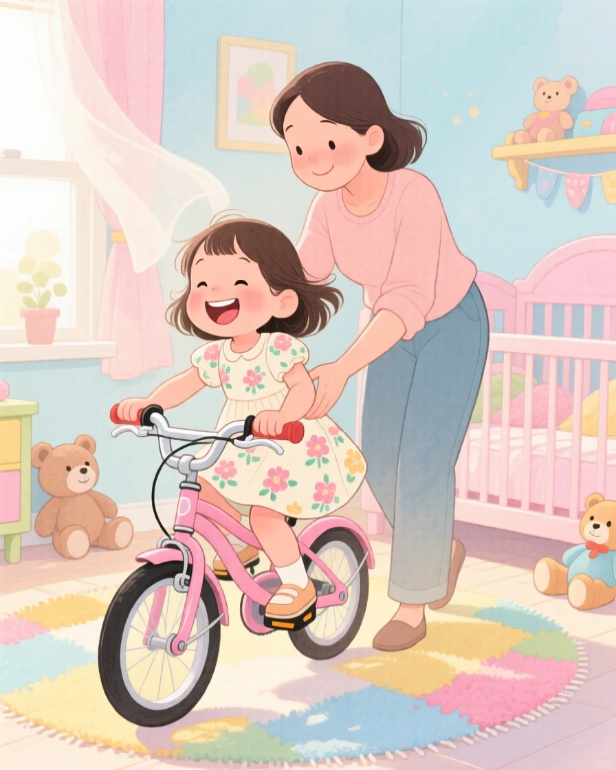A little girl in a sundress learning to ride a bike with a parent's steady hand, in a cozy nursery with soft pastel light, brimming with carefree happiness.