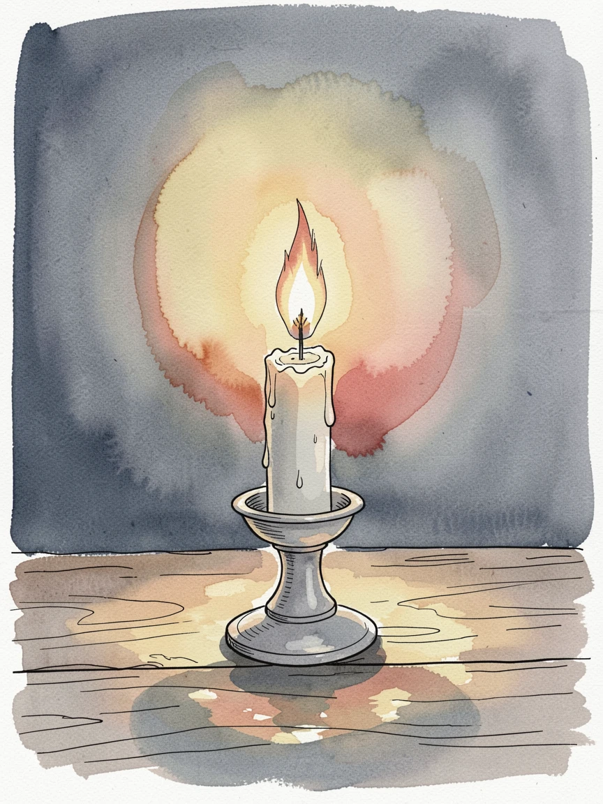 A single candle flame glowing steadily in a darkened room, soft light breaking through to suggest new beginnings.