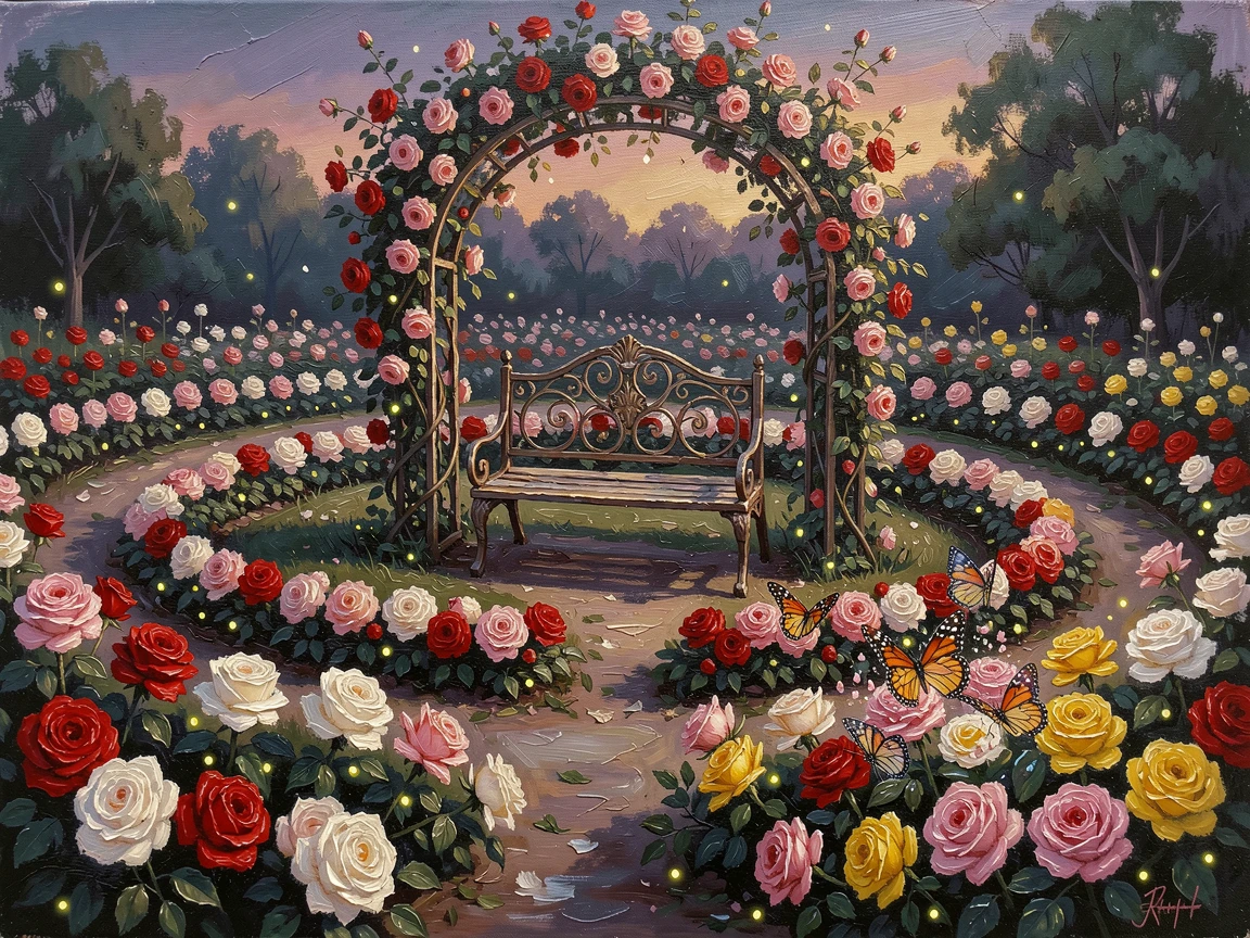 With a wrought-iron bench tucked beneath a flowering arbor, a rose garden arranged in concentric circles, butterflies gathering around a cluster of blossoms, at dusk, fireflies beginning to flicker among the blossoms.